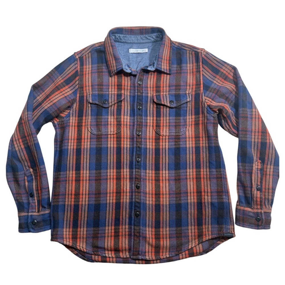 Outerknown Blanket Shirt Mens Large Blue Orange Plaid Organic Cotton Flannel